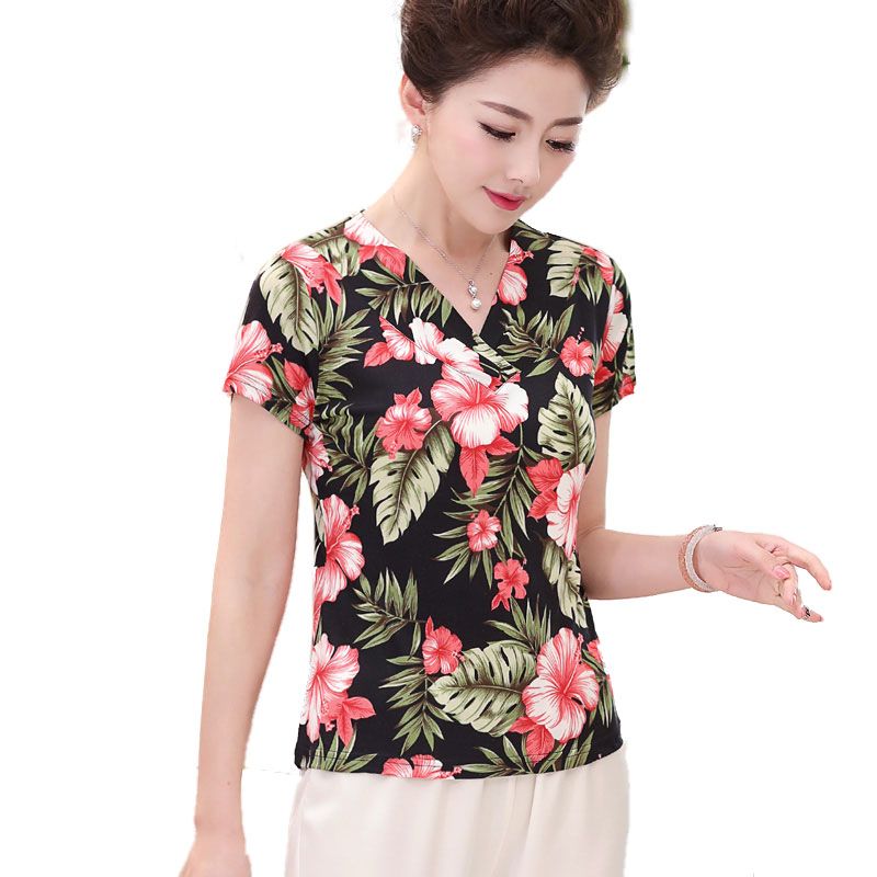 Pure Silk Knitted Print Womens Short Sleeve V Neck Pullover Top