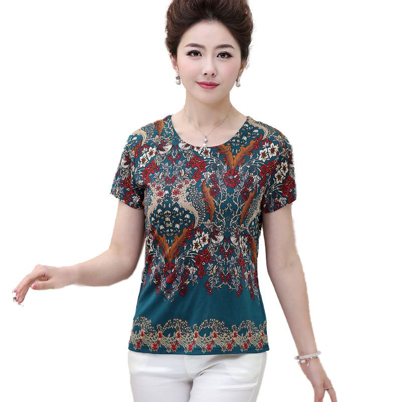 Pure Silk Knitted Print Womens Short Sleeve Round Neck Top  Blouse