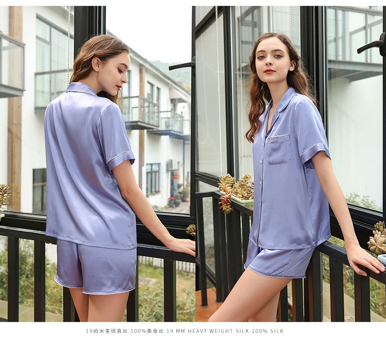 Natural Silk Women Pajamas Short Top & Bottom Two-piece Suit Short Sleeve Solid Pyjamas Set