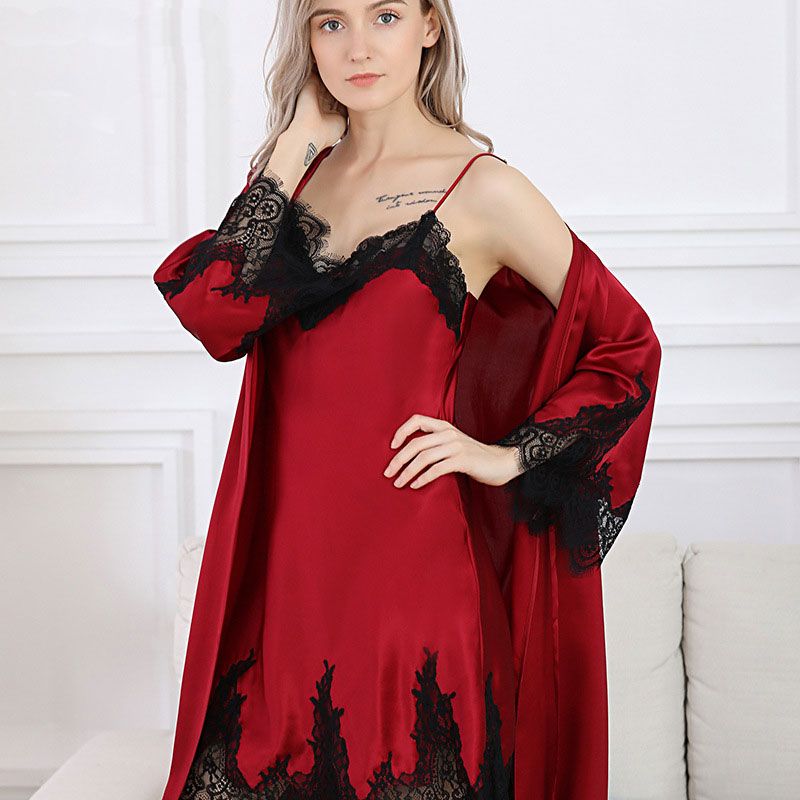 Natural Silk Sleepwear & Robe Set W/ Sexy Lace for Women Perfect Loungingwear