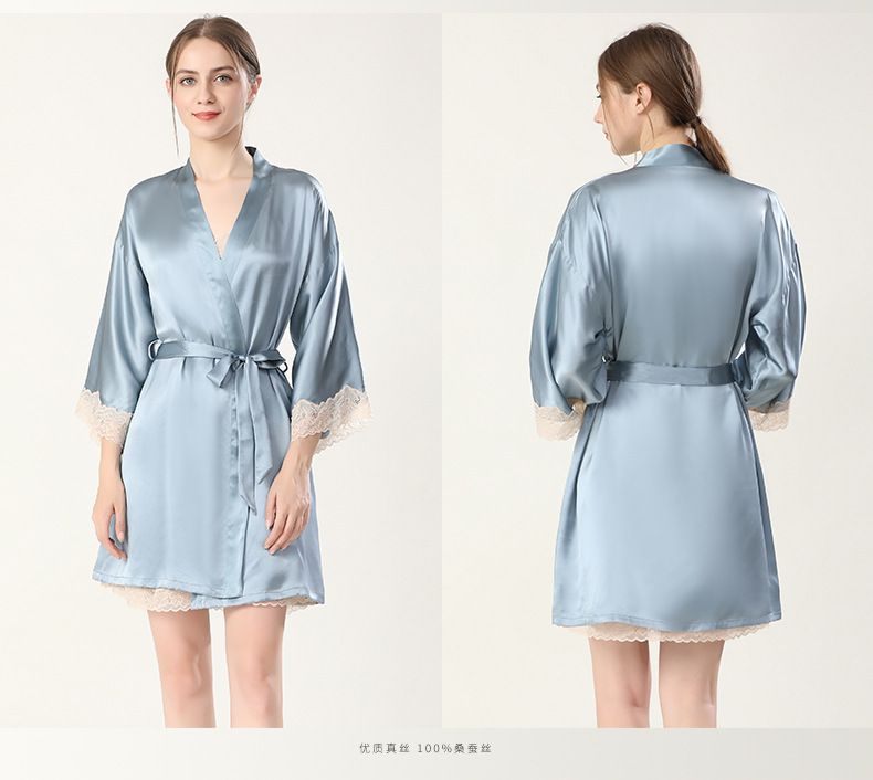 Luxurious Silk Sleepwear Set - Sexy Lace Nightgown & Half Sleeve Robe 2PCS Set