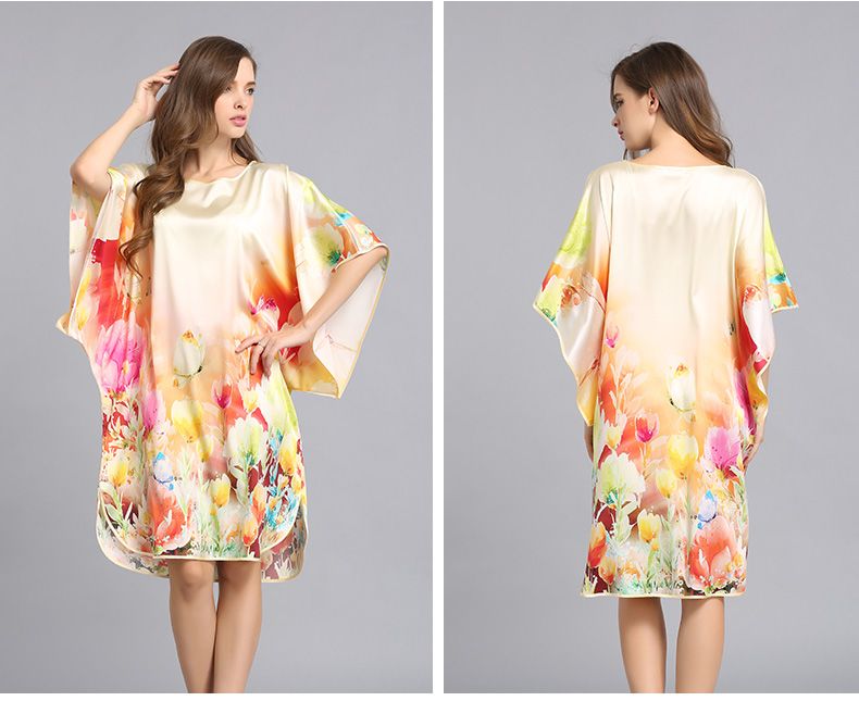 Natural Silk Lounging Dress Womens Loose Oversize Bat Sleeve Long Floral Print Shirt One size