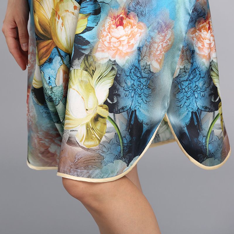 Natural Silk Lounging Dress Womens Loose Oversize Bat Sleeve Long Floral Print Shirt One size