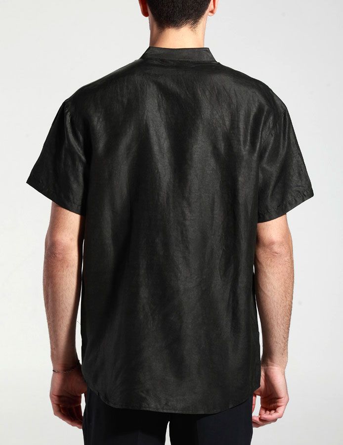 Gambired Canton Gauze Black Mandarin Collar Pure Silk Short Sleeves Shirt