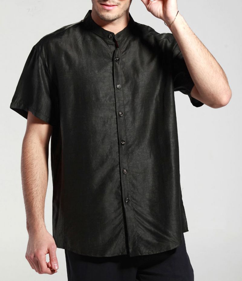 Gambired Canton Gauze Black Mandarin Collar Pure Silk Short Sleeves Shirt
