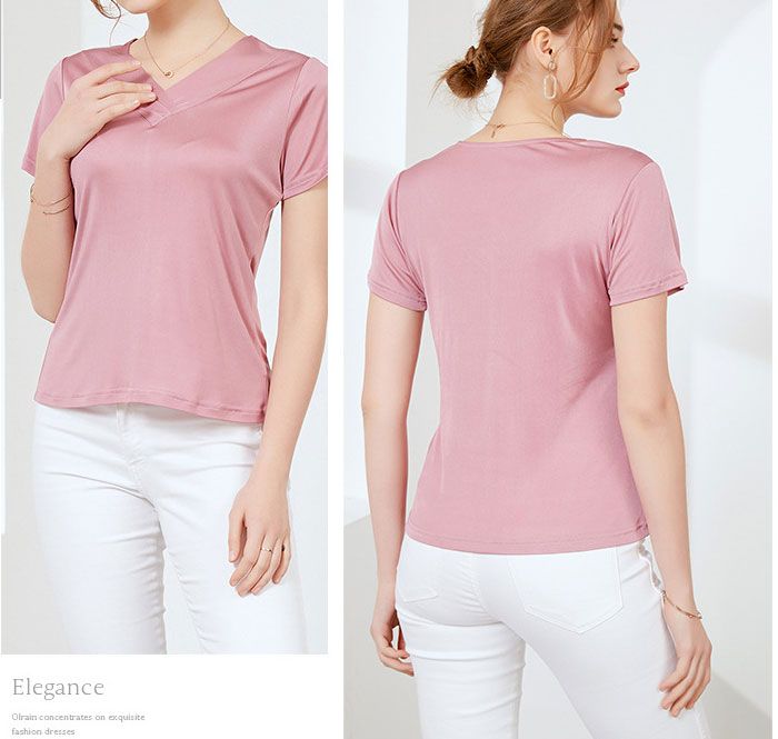 Natural Silk Women's T-shirt  V-neck Short-sleeved Overlapped Collar Solid Color