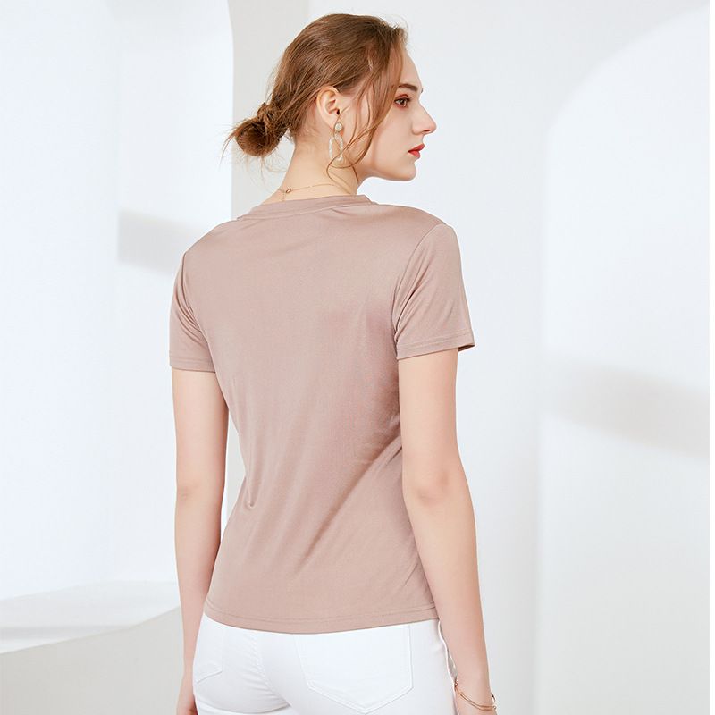 Natural Silk Women's T-shirt  V Neck with Embroidery Short Sleeve Solid Color