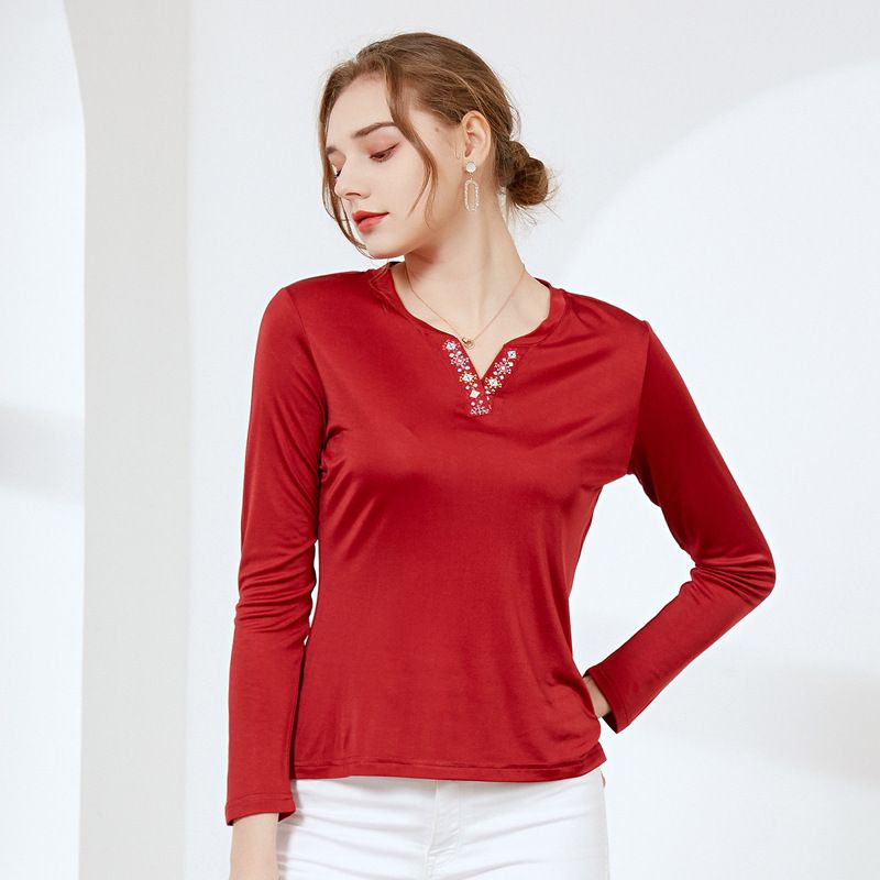 Natural Silk Women's Shirt  V Neck with Embroidery Long Sleeve Top