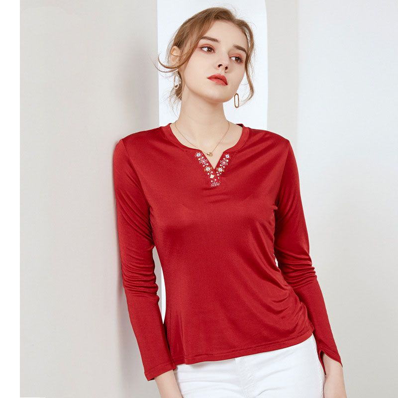 Natural Silk Women's Shirt  V Neck with Embroidery Long Sleeve Top
