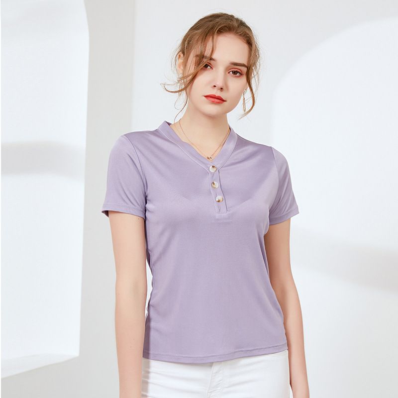 Natural Silk Women's T-shirt  V Neck with Button Short Sleeve Solid Color
