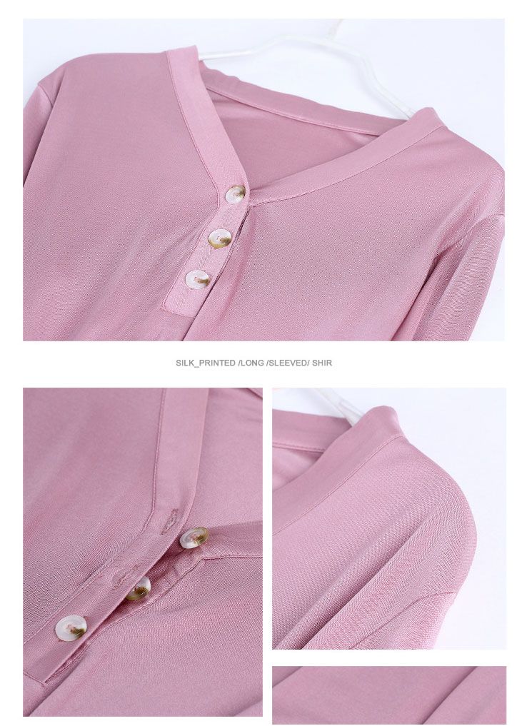 Natural Silk Women's Shirt V Neck with Button Long Sleeve Top
