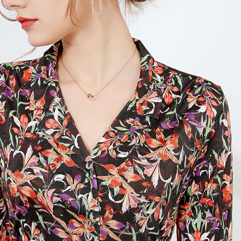 Natural Silk Womens Long Sleeve Floral Print Classic Shirt