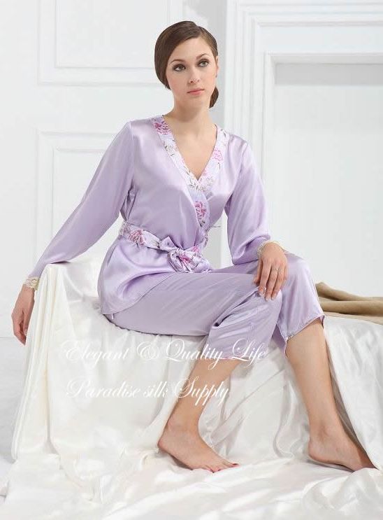 Pure Charmeuse Silk Womens Lilac Pajamas Set