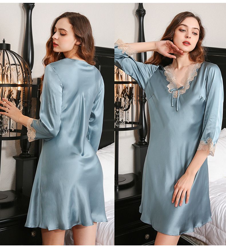 Natural Silk Womens Chemise Half Sleeved Lace V Neck Nightdress