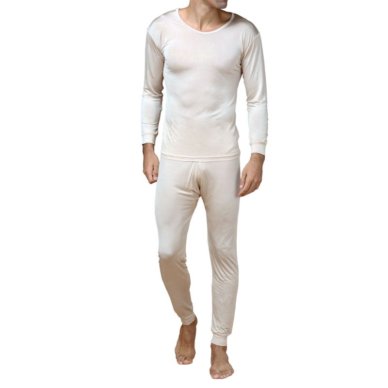 Pure Silk Knit Crew Neck Men Underwear Long Johns Set Double Sides