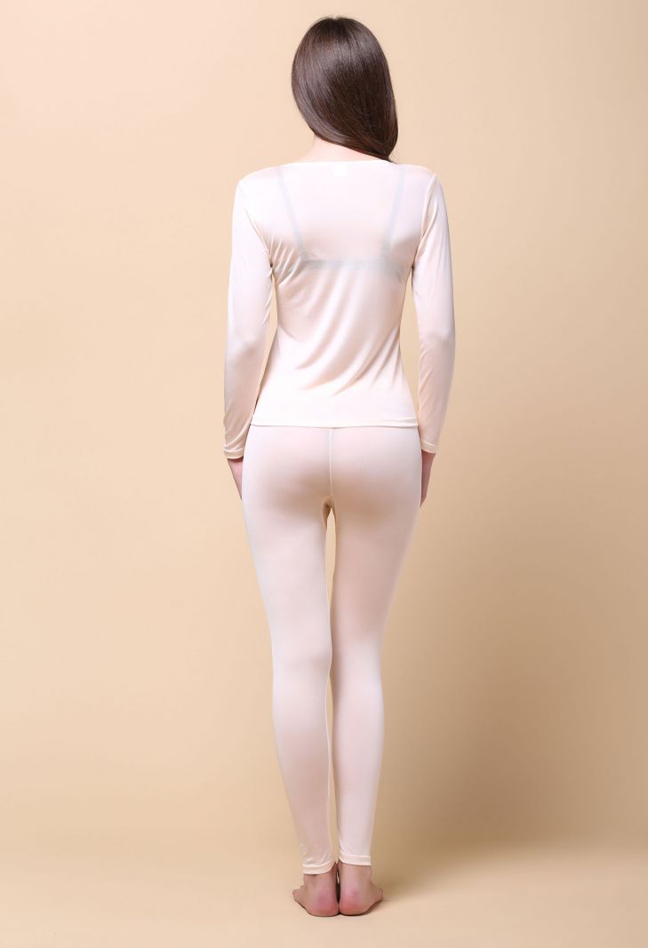 Pure Silk Knit Women Underwear Long Johns Top and Bottom Set