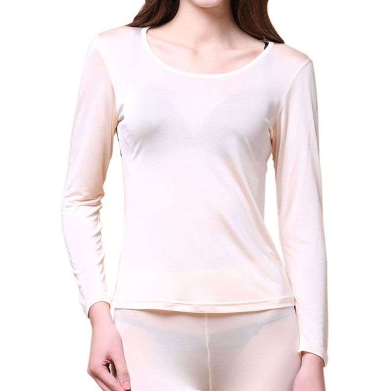 Pure Silk Knit Women Underwear Long Johns Top Only Long Sleeve Thermal Shirt