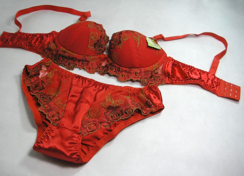 Pure Silk  Sexy Lingerie Lace Bra Pants Set Lacy Underwire Thinly Padded Red
