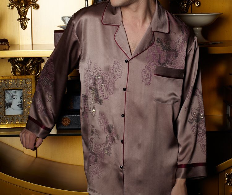 100% Silk Dragon Print Men Lounging Wear Pajamas Set X8102