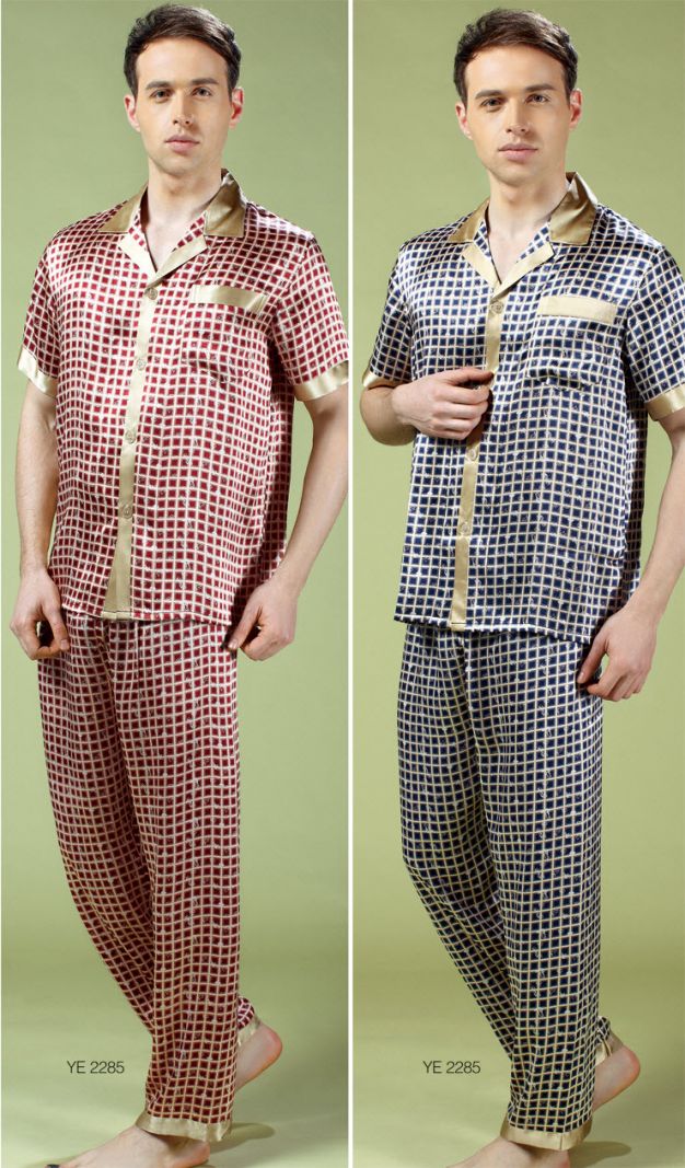 Pure Silk Men Lounging Wear Short Sleeves Long Pants Pajamas Short Set YR2285