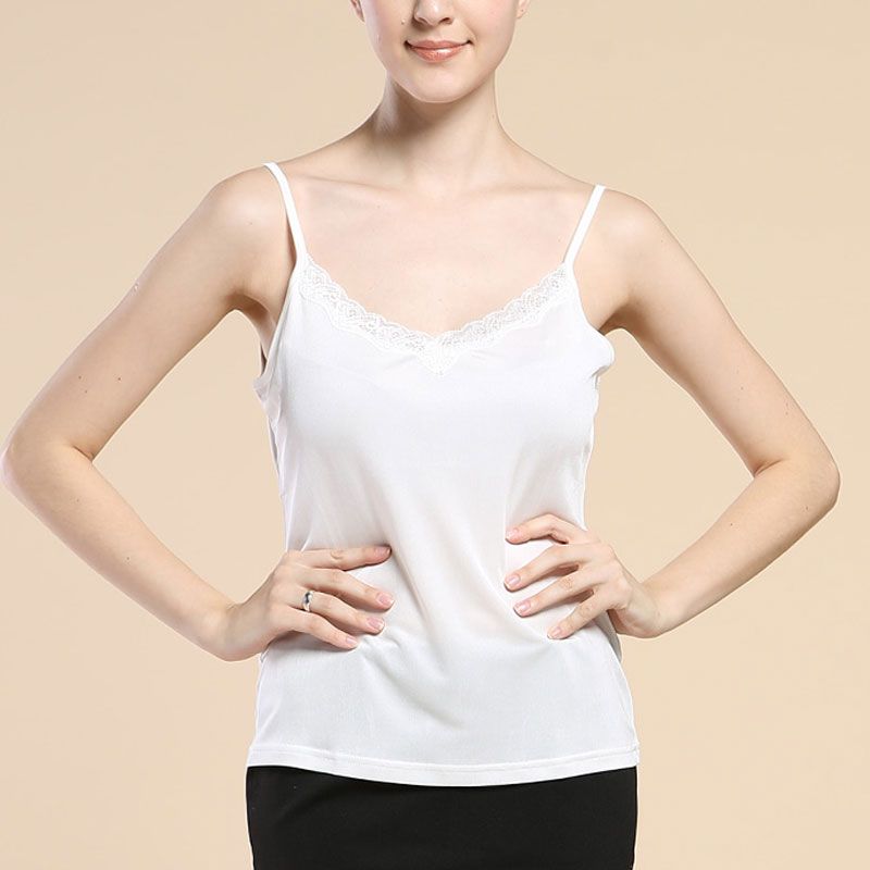 Pure  Silk Knit Womens Lacy V Neck Camisole Tank Top 