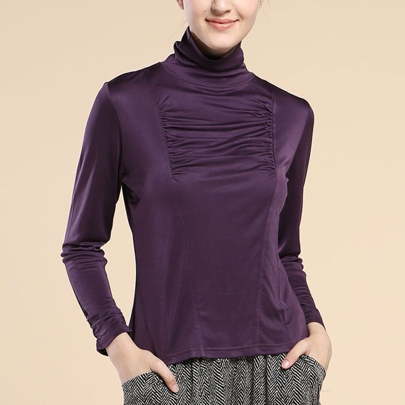 Pure Silk Knit Womens Turtleneck Pleated Front Long Sleeves Shirt