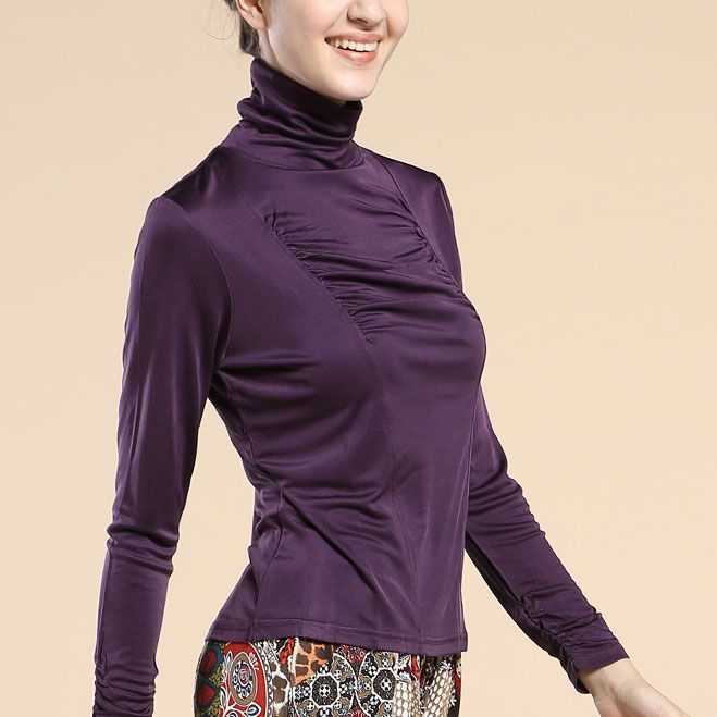 Pure Silk Knit Womens Turtleneck Pleated Front Long Sleeves Shirt