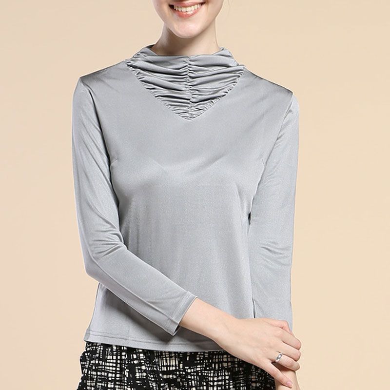 Pure Silk Knit Womens Pleated Turtleneck Long Sleeves Shirt