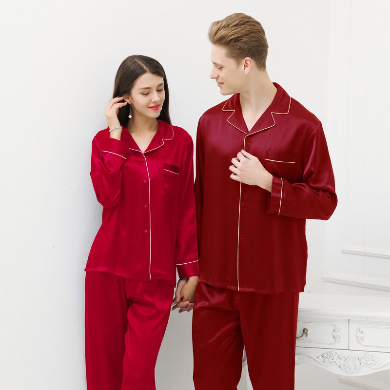 Luxurious Silk Sleepwear Set for Couples, Long Sleeve Pajamas and Pants, Comfortable and Stylish
