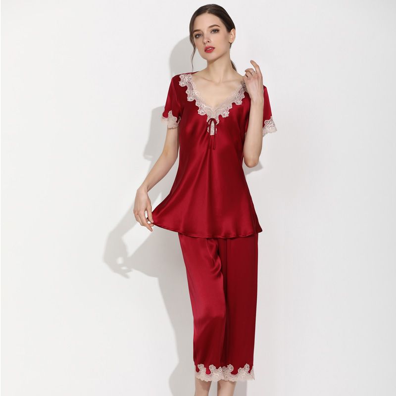 Natural Silk Pajamas Short Set Women's Short-sleeved pants Two-Piece Suit Breathable Summer Lounging Wear