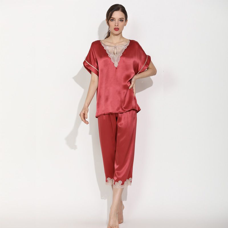 Natural Silk Pajamas Short Set Women's Lace Short-sleeved pants Two-Piece Suit Breathable Summer Lounging Wear