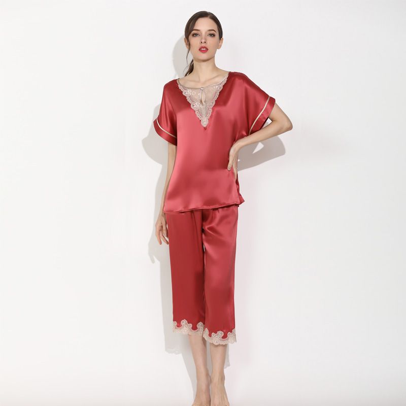 Natural Silk Pajamas Short Set Women's Lace Short-sleeved pants Two-Piece Suit Breathable Summer Lounging Wear