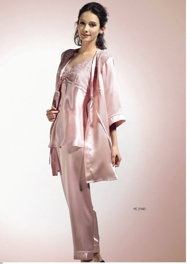 Pure Silk Womens Robe Pyjamas Short 3PCS Set