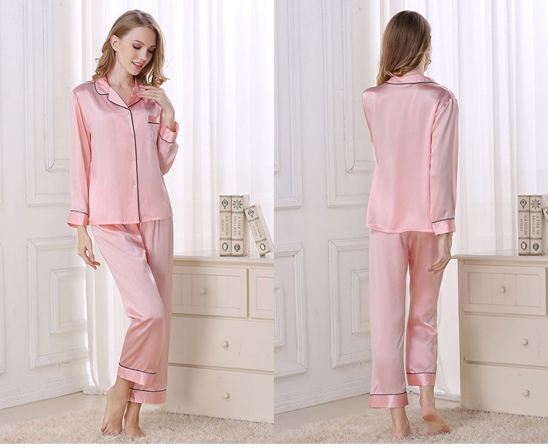 Natural Silk Women Pajamas Top & Bottom Two-piece Suit Long Sleeve Solid Pyjamas Set