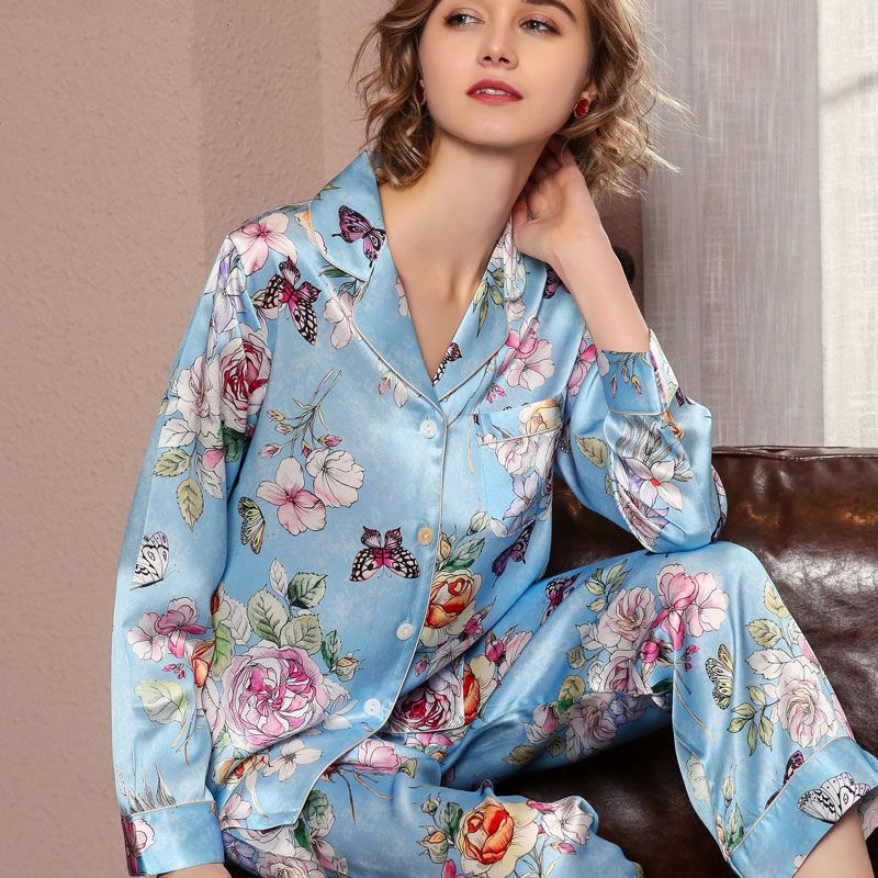 Natural Silk Women Pajamas Top & Bottom Two-piece Suit Long Sleeve Floral Print Pyjamas Set