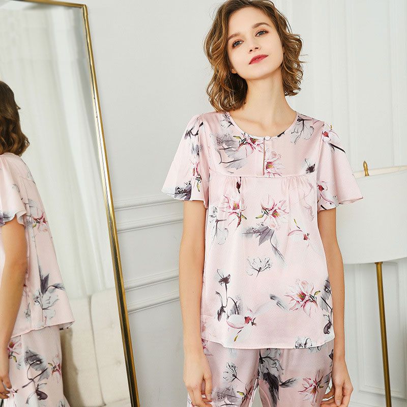 Natural Silk Women Pajamas Short Top & Bottom Two-piece Suit Short Sleeve Floral Print Pyjamas Set