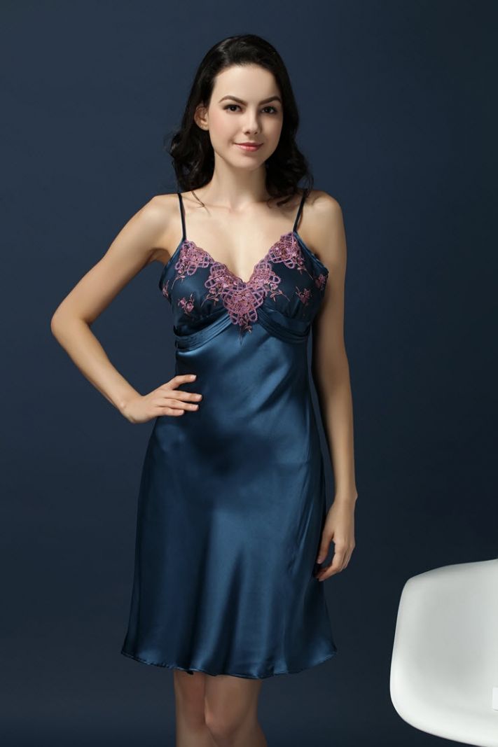 Pure Silk Women Lacy Blue Chemise Slips With Floral Embroidery 1322