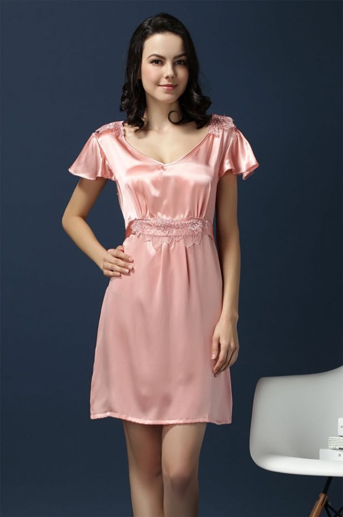 Pure Silk Women Lacy Cap Sleeves Chemise 1330