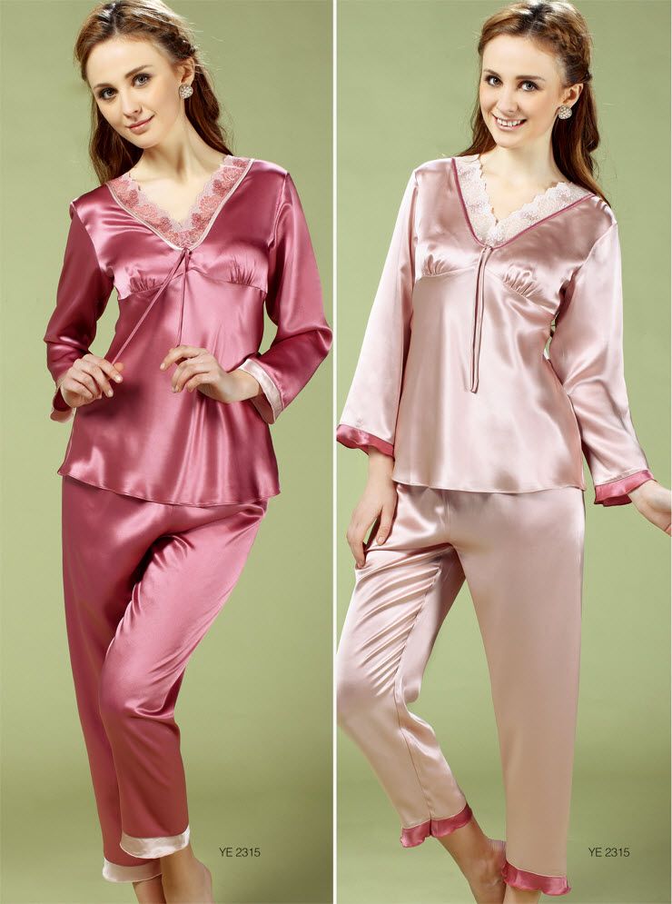 Pure Silk Ladies Womens Pajama Set Silk Pyjamas Pjs Lacy V Neckline
