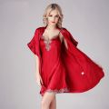 Pure Silk Womens Lace Dressing Robe Slips set for Lady Red