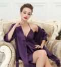 Pure Silk Womens Lace Robe Short Slips 2 Pcs Set  Purple b