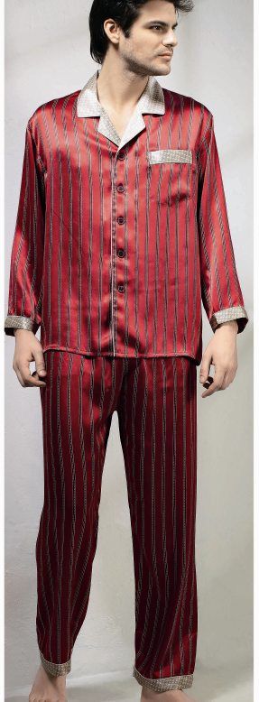 Men's Pure Silk Red Stripe Pajamas  Set 
