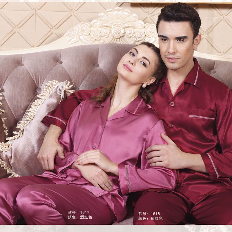 Pure Silk Couples Pajamas Top and Bottom Set  6017