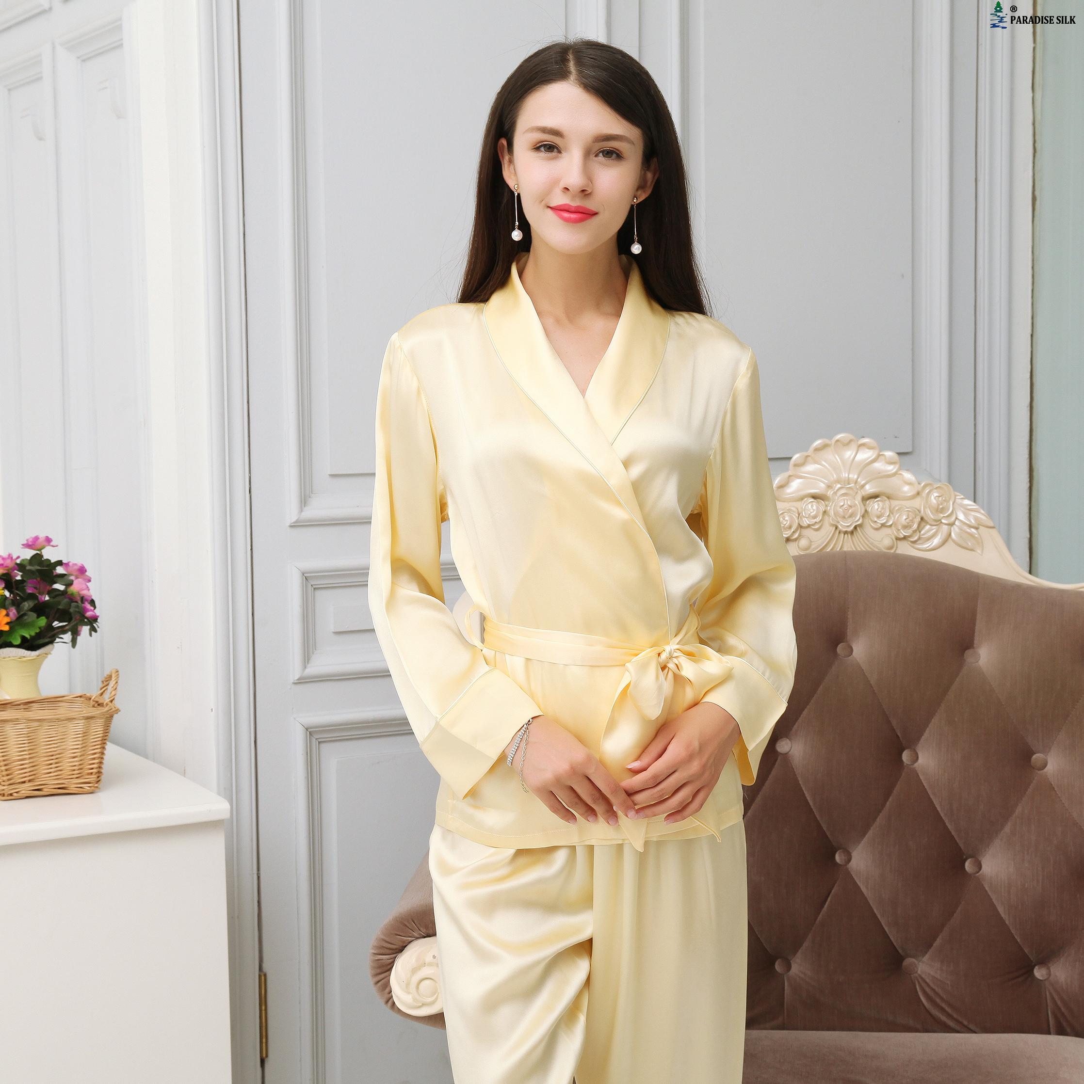 Reine Seide Damen Pyjama Set mit Gürtel 1019 Einfarbig Größe 2 6 10 - Bild 4 von 6