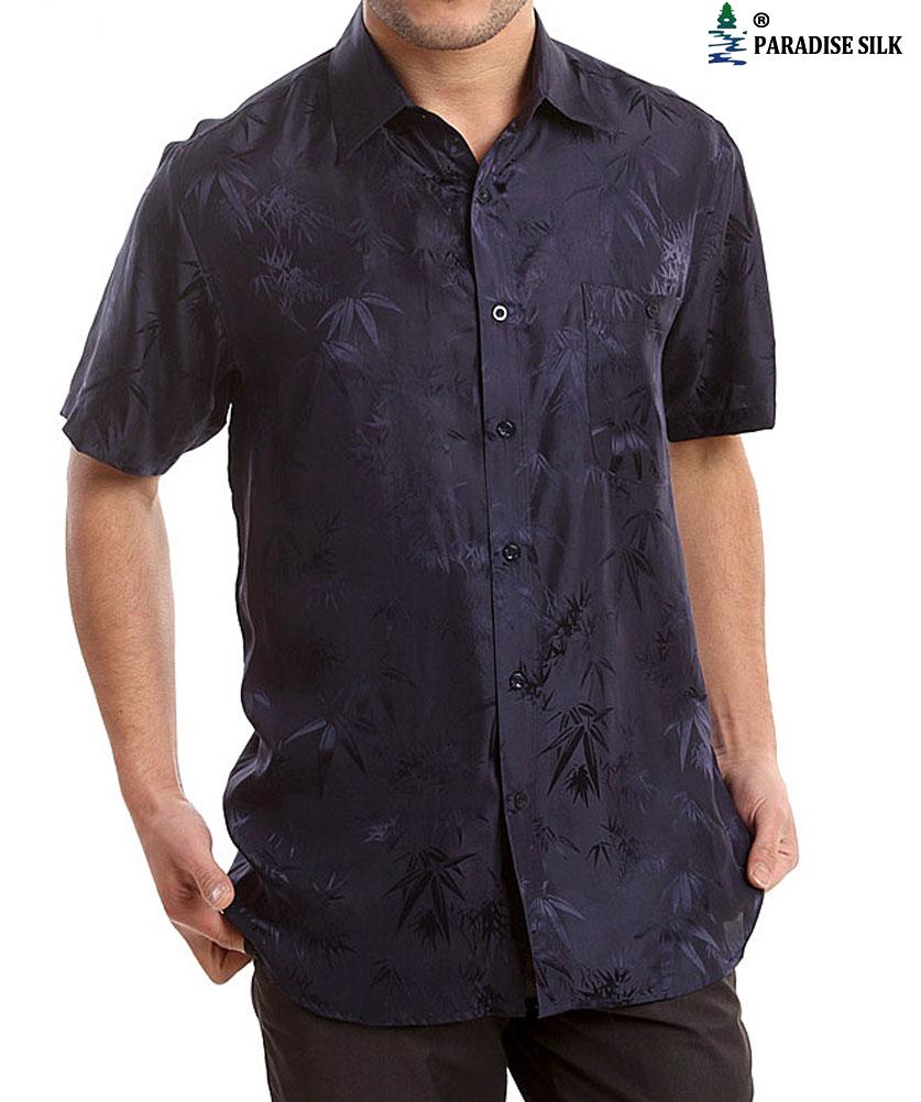 Camicia a maniche corte in pura seta con charmeuse jacquard bambù - Foto 6 di 7