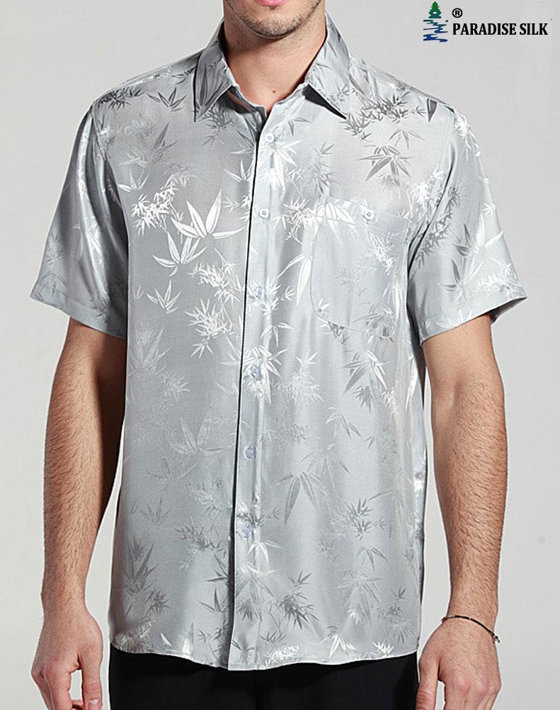 Camicia a maniche corte in pura seta con charmeuse jacquard bambù - Foto 4 di 7