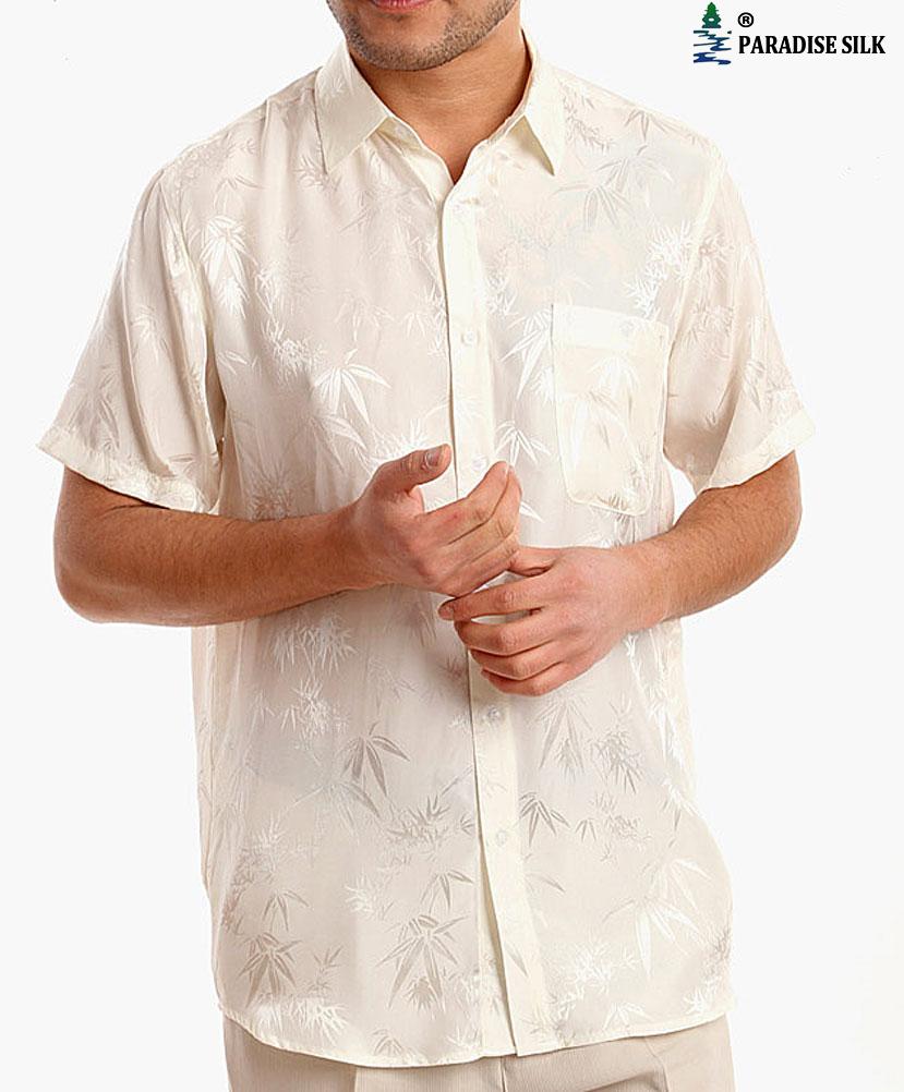 Camicia a maniche corte in pura seta con charmeuse jacquard bambù - Foto 5 di 7