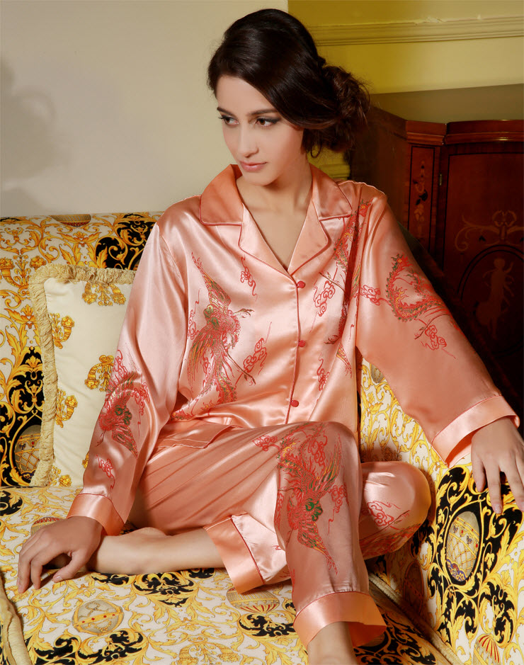 Pure 19mm Silk Luxury Ladies W Exqusite Phenix Embroidery Pajamas Set 